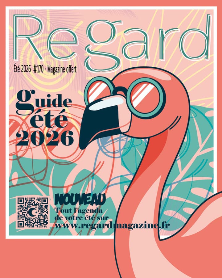 Couverture du numéro d'été 2026 de Regard Magazine : un flamant rose à lunettes, sur le thème du guide de l'été